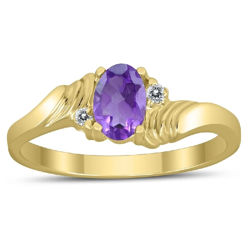 Chunky gemstone rings for big finger statements -6X4MM Amethyst and Diamond Wave Ring in 10K Yellow Gold