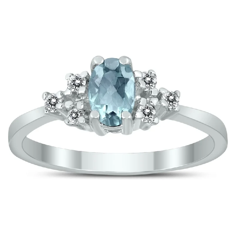 Vintage gemstone rings with ornate stone settings -6X4MM Aquamarine and Diamond Regal Ring in 10K White Gold