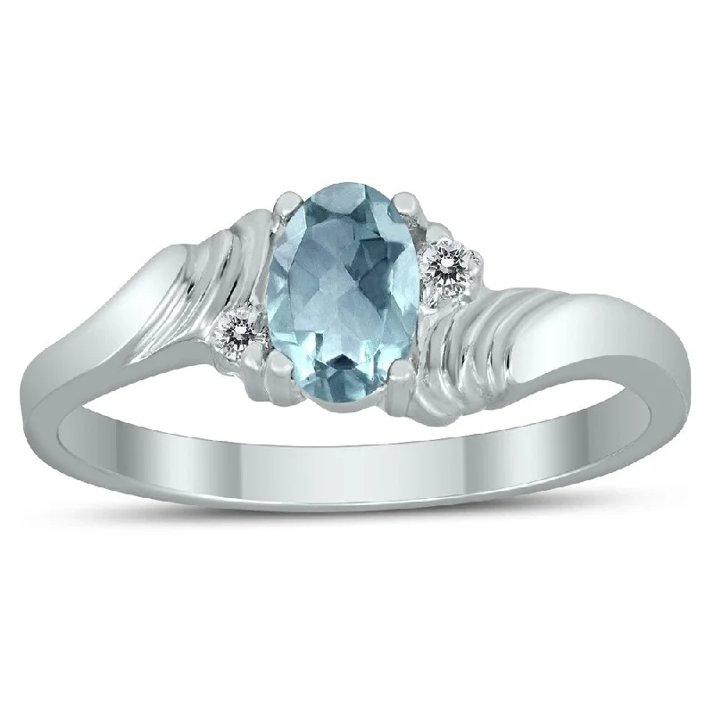 Gemstone rings featuring aquamarine for cool blue tones -6X4MM Aquamarine and Diamond Wave Ring in 10K White Gold