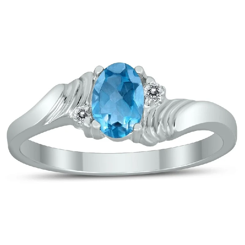 Heart gemstone rings with stone shapes for love -6X4MM Blue Topaz and Diamond Wave Ring in 10K White Gold