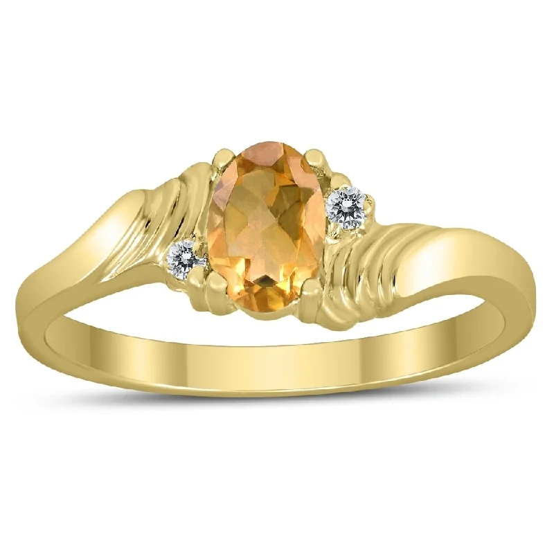 Sleek gemstone rings with floating stone settings -6X4MM Citrine and Diamond Wave Ring in 10K Yellow Gold