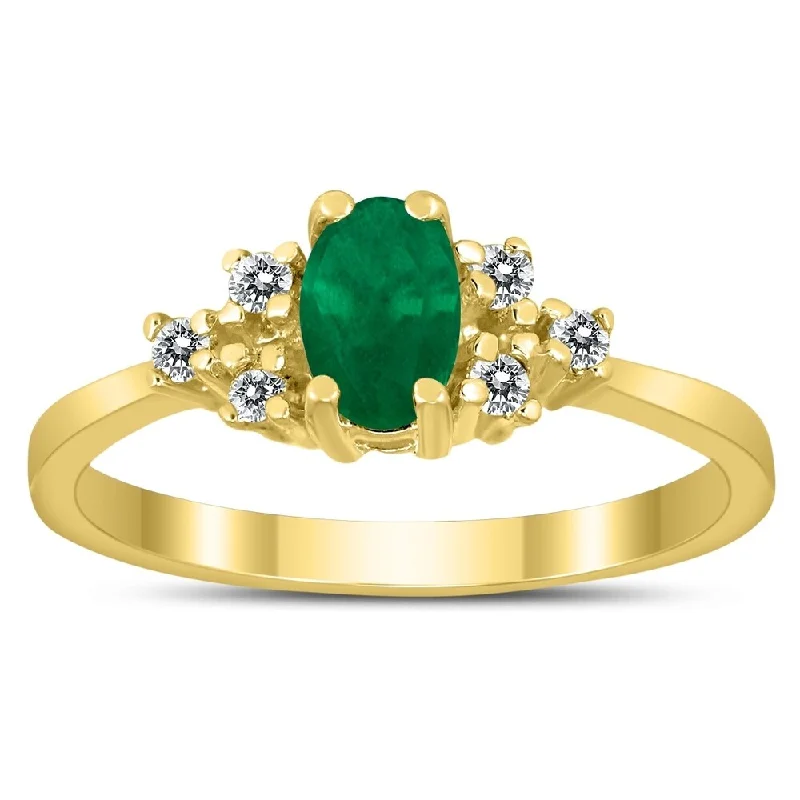 Fringe gemstone rings with stone drops for play -6X4MM Emerald and Diamond Regal Ring in 10K Yellow Gold