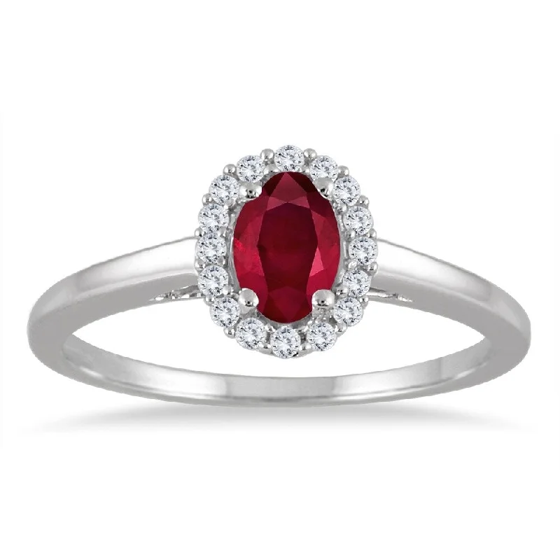 Gemstone rings perfect for holidays with stone cheer -6x4MM Oval Shape Ruby and Diamond Halo Ring in 10K White Gold