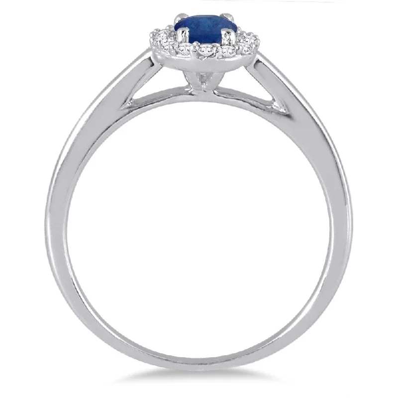 Glam gemstone rings perfect for evening sparkle -6x4MM Oval Shape Sapphire and Diamond Halo Ring in 10K White Gold