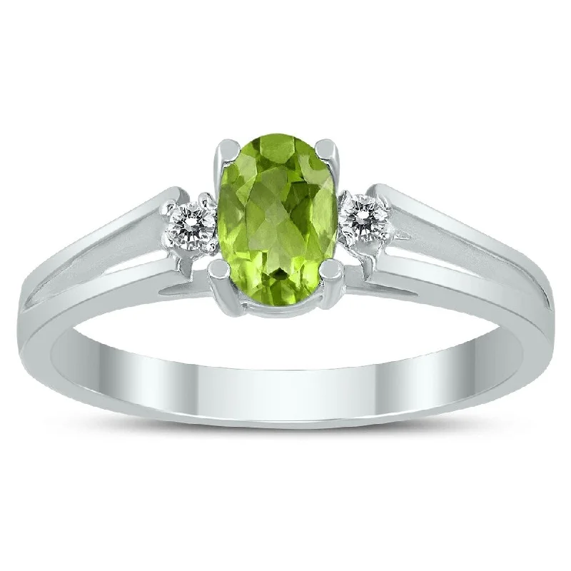 Gemstone rings with slim bands for light wear -6X4MM Peridot and Diamond Open Three Stone Ring in 10K White Gold