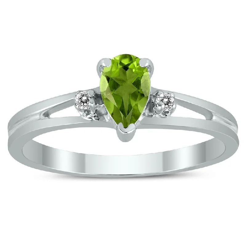 Gemstone rings great for birthdays with stones -6X4MM Peridot and Diamond Pear Shaped Open Three Stone Ring in 10K White Gold