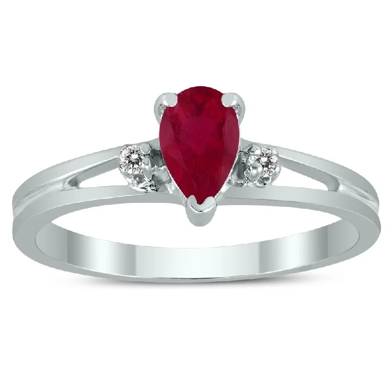 Trendy gemstone rings with modern stone cuts -6X4MM Ruby and Diamond Pear Shaped Open Three Stone Ring in 10K White Gold