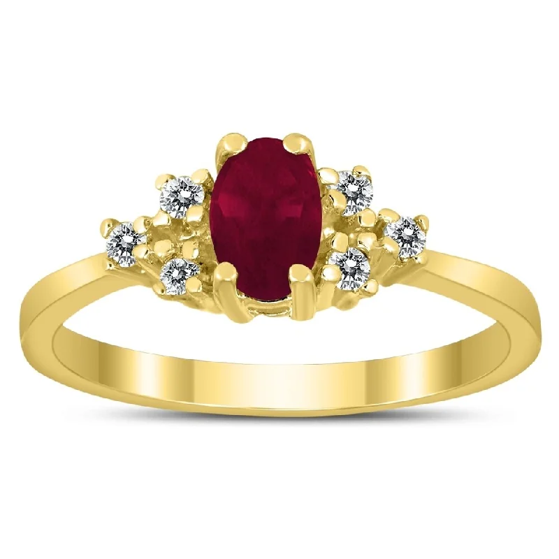 Bezel gemstone rings securing stones with style -6X4MM Ruby and Diamond Regal Ring in 10K Yellow Gold