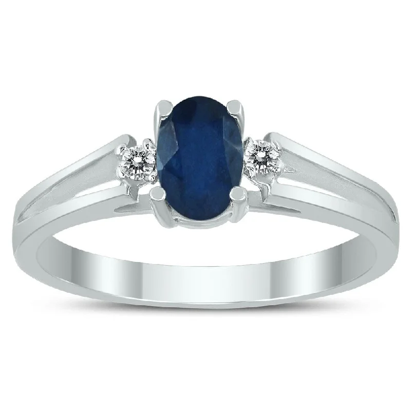 Bezel gemstone rings securing stones with style -6X4MM Sapphire and Diamond Open Three Stone Ring in 10K White Gold