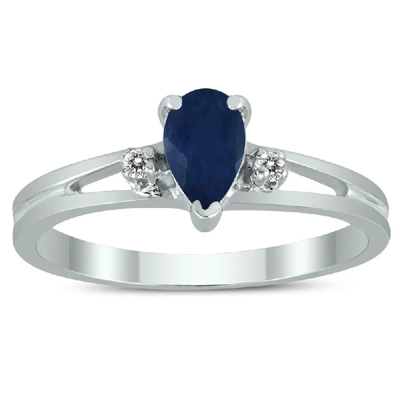 Gemstone rings perfect for love with sweet stones -6X4MM Sapphire and Diamond Pear Shaped Open Three Stone Ring in 10K White Gold