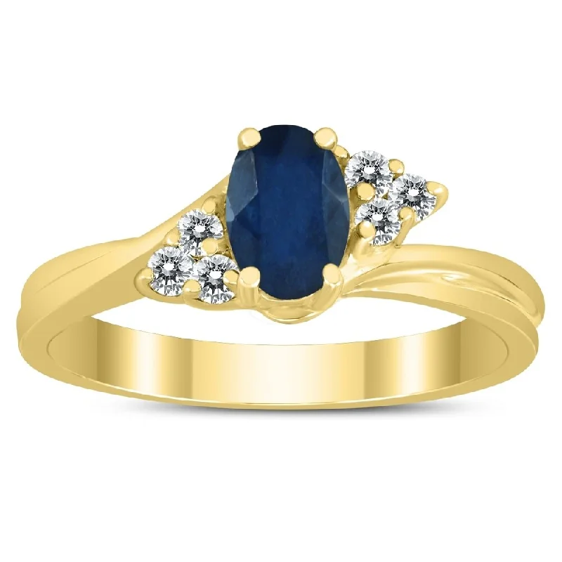 Gothic gemstone rings with dark stone vibes -6X4MM Sapphire and Diamond Twist Ring in 10K Yellow Gold