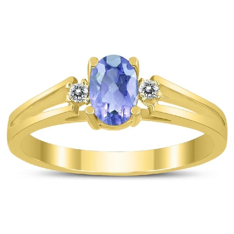 Gemstone rings featuring rose-cut stones for softness -6X4MM Tanzanite and Diamond Open Three Stone Ring in 10K Yellow Gold