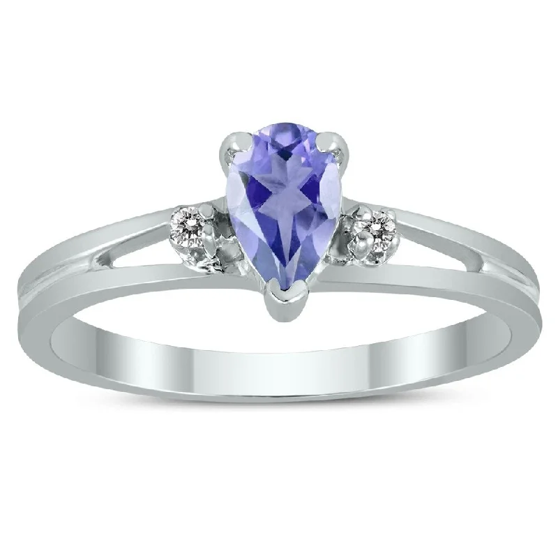 Gemstone rings perfect for kids with bright stones -6X4MM Tanzanite and Diamond Pear Shaped Open Three Stone Ring in 10K White Gold