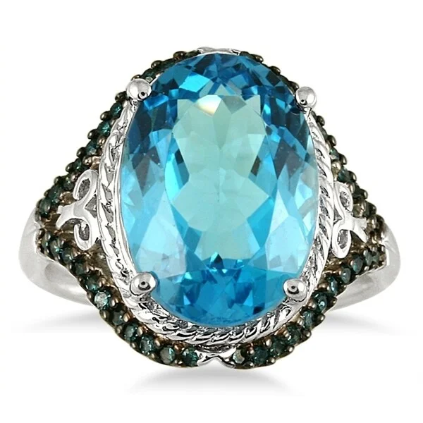 Gemstone rings with retro stone settings charm -7 1/2 Carat Oval Blue Topaz and Blue Diamond Ring in 10K White Gold