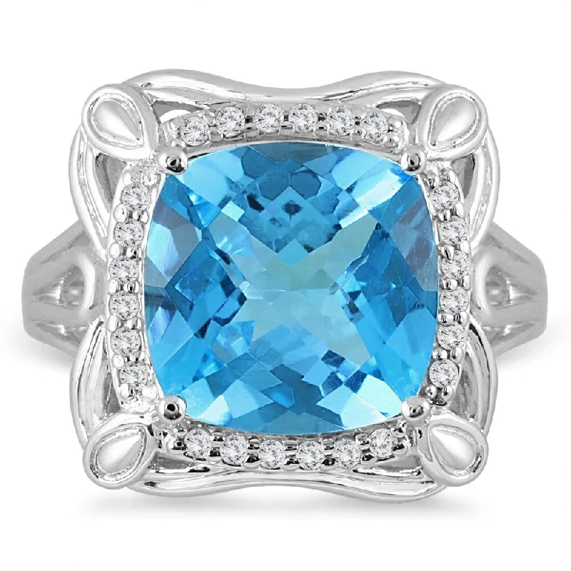 Gemstone rings with opal for shifting iridescent charm -7 Carat Cushion Cut Blue Topaz and Diamond Ring in 10K White Gold