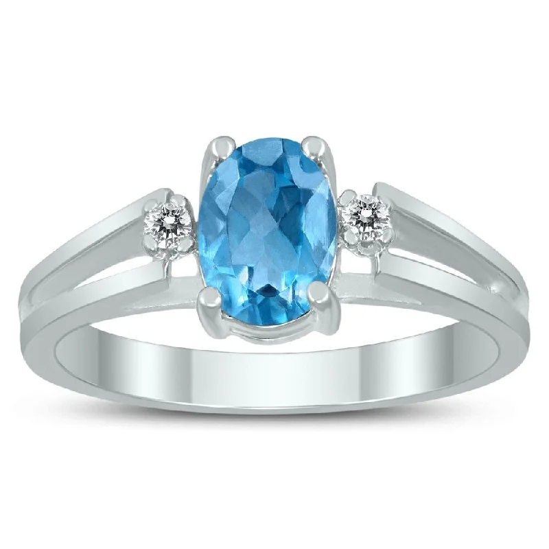 Gemstone rings featuring agate for banded stone beauty -7X5MM Blue Topaz and Diamond Open Three Stone Ring in 10K White Gold