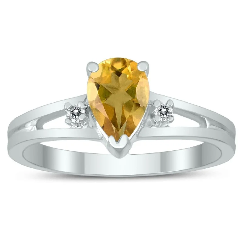 Gemstone rings with slim bands for light wear -7X5MM Citrine and Diamond Pear Shaped Open Three Stone Ring in 10K White Gold