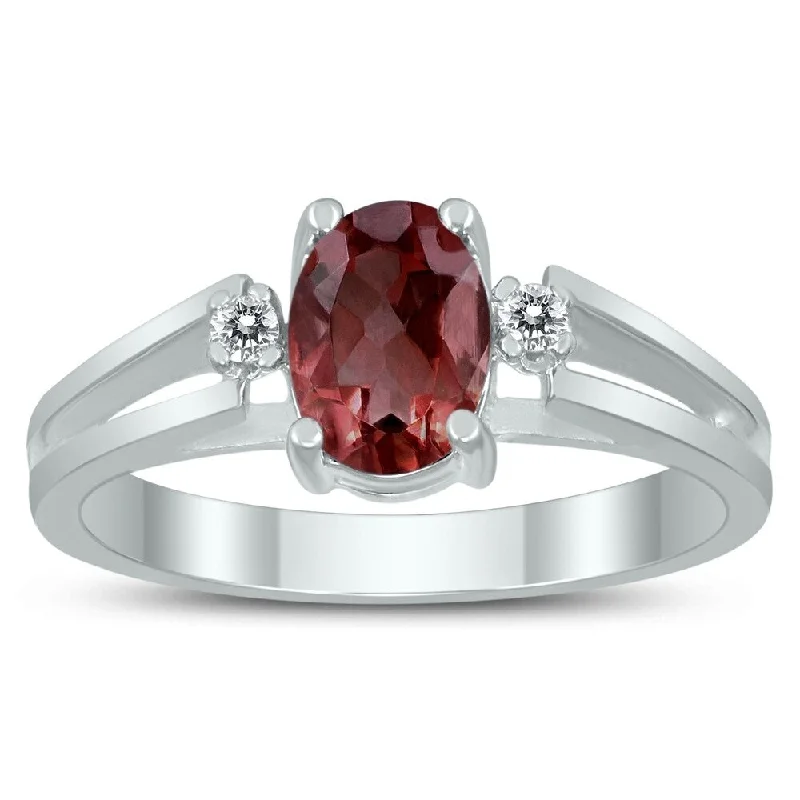 Chakra gemstone rings with stones for balance -7X5MM Garnet and Diamond Open Three Stone Ring in 10K White Gold