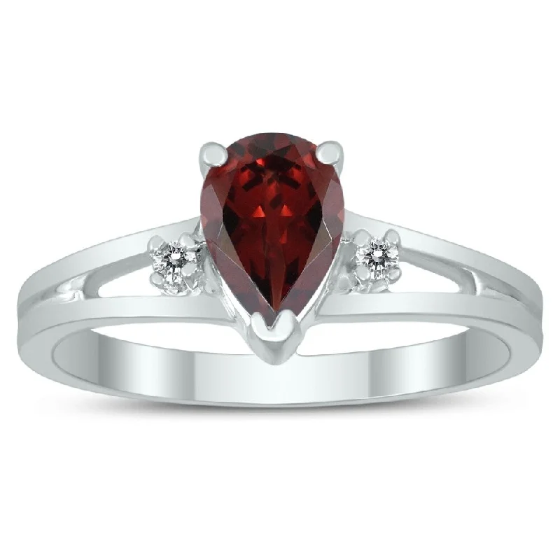 Gemstone rings with slim bands for light wear -7X5MM Garnet and Diamond Pear Shaped Open Three Stone Ring in 10K White Gold