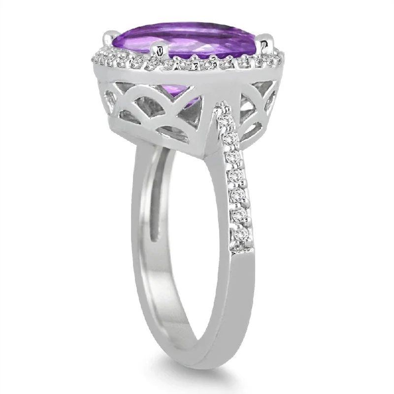 Light gemstone rings ideal for daily comfort -8 Carat Oval Amethyst and Diamond Ring in 14K White Gold