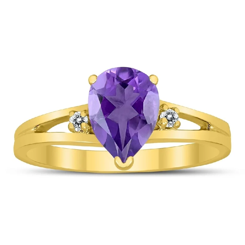 Budget gemstone rings under twenty dollars for gifts -8X6MM Amethyst and Diamond Pear Shaped Open Three Stone Ring in 10K Yellow Gold