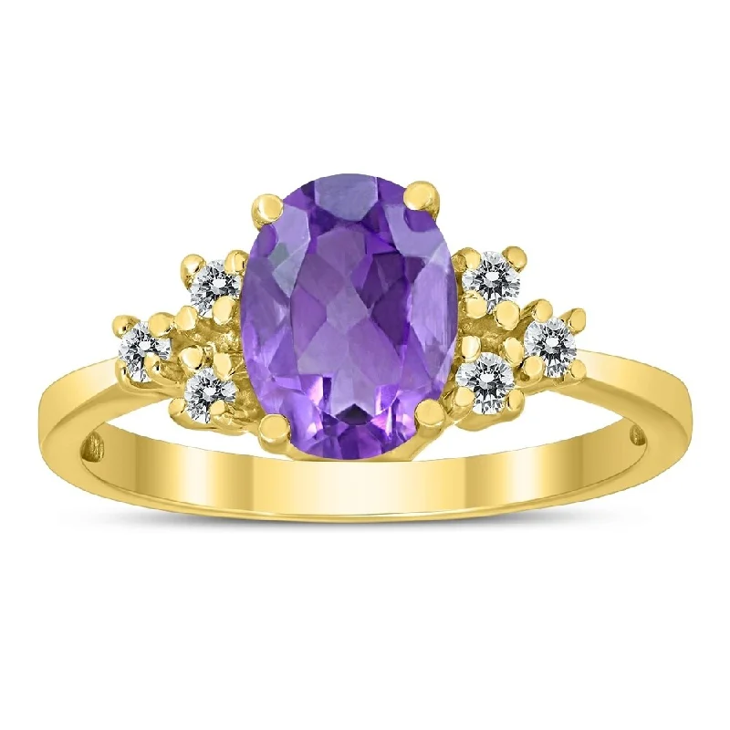 Gemstone rings with pave stones for extra dazzle -8X6MM Amethyst and Diamond Regal Ring in 10K Yellow Gold