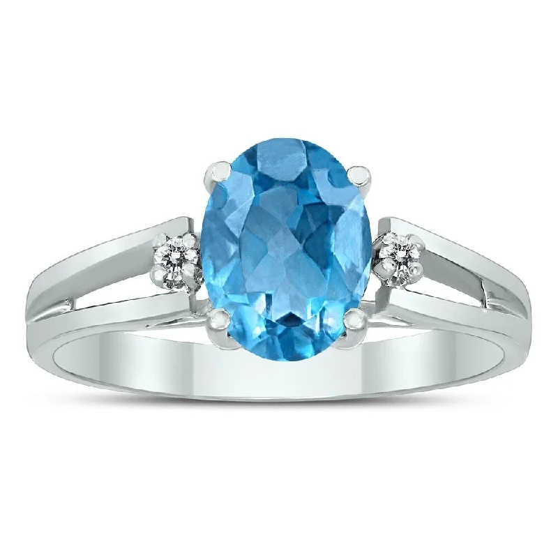 Dual gemstone rings with mixed metal styles -8X6MM Blue Topaz and Diamond Open Three Stone Ring in 10K White Gold