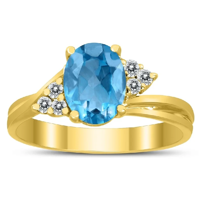 Fringe gemstone rings with stone drops for play -8X6MM Blue Topaz and Diamond Twist Ring in 10K Yellow Gold