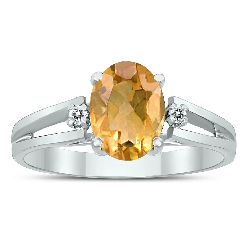 Dual gemstone rings with mixed metal styles -8X6MM Citrine and Diamond Open Three Stone Ring in 10K White Gold