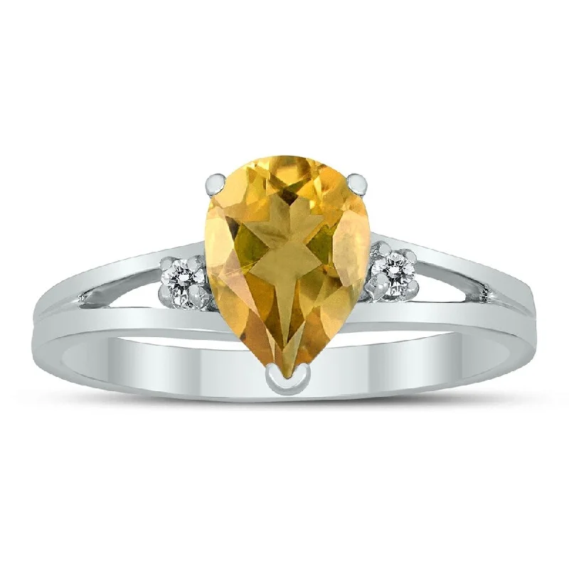 Gemstone rings featuring rose-cut stones for softness -8X6MM Citrine and Diamond Pear Shaped Open Three Stone Ring in 10K White Gold