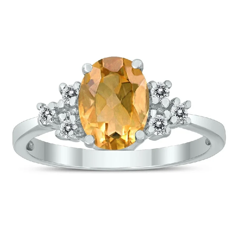 Gemstone rings perfect for teens with bold stones -8X6MM Citrine and Diamond Regal Ring in 10K White Gold