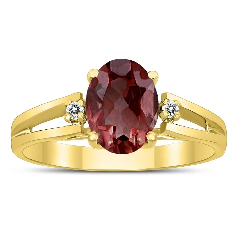 Etched gemstone rings with detailed stone flair -8X6MM Garnet and Diamond Open Three Stone Ring in 10K Yellow Gold