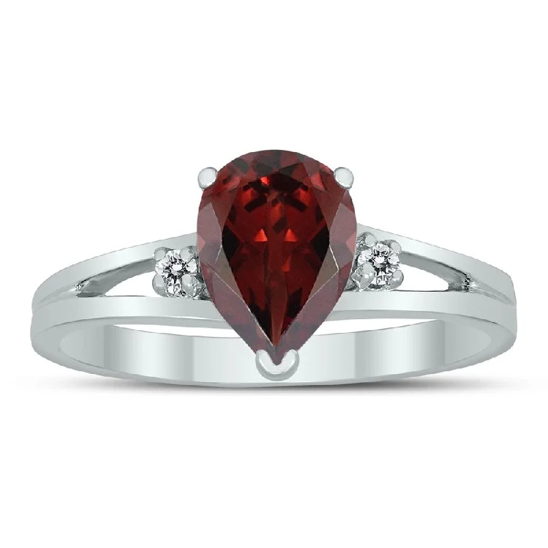 Bold gemstone rings designed for finger impact -8X6MM Garnet and Diamond Pear Shaped Open Three Stone Ring in 10K White Gold