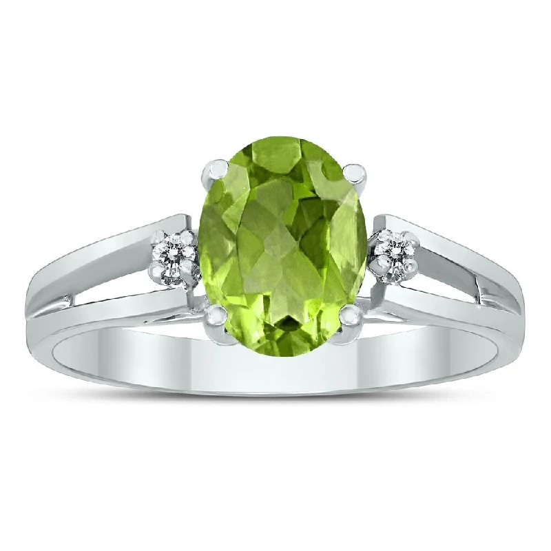 Curved gemstone rings perfect for band pairing -8X6MM Peridot and Diamond Open Three Stone Ring in 10K White Gold