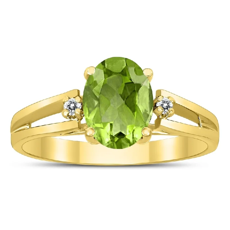 Light gemstone rings ideal for daily comfort -8X6MM Peridot and Diamond Open Three Stone Ring in 10K Yellow Gold