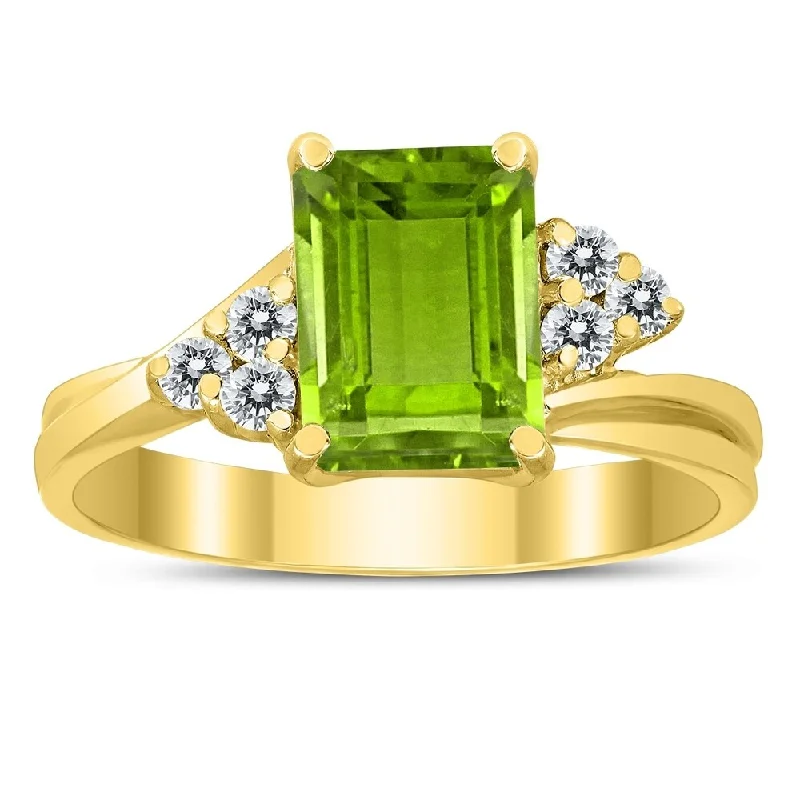 Gemstone rings with pave stones for extra dazzle -8X6MM Peridot and Diamond Twist Ring in 10K Yellow Gold