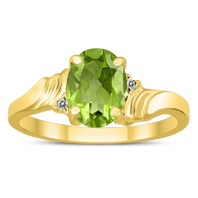 Gemstone rings featuring floral stones for romance -8X6MM Peridot and Diamond Wave Ring in 10K Yellow Gold