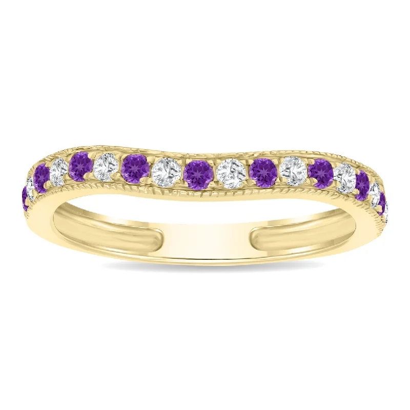 Subtle gemstone rings ideal for daily finger charm -Amethyst and Diamond Channel Set Wedding Band in 10K Yellow Gold