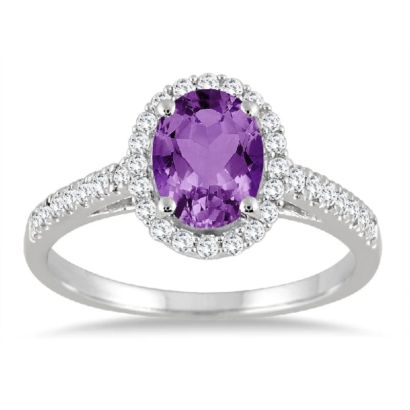 Rainbow gemstone rings with colorful stone arrays -Amethyst and Diamond Halo Ring in 10K White Gold