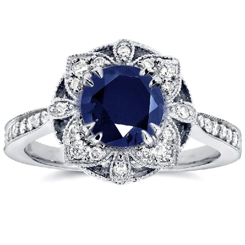 Luxurious gemstone rings showcasing brilliant large stones -Annello by Kobelli 14k White Gold Round-cut Sapphire and 1/4ct TDW Diamond Floral Antique Ring