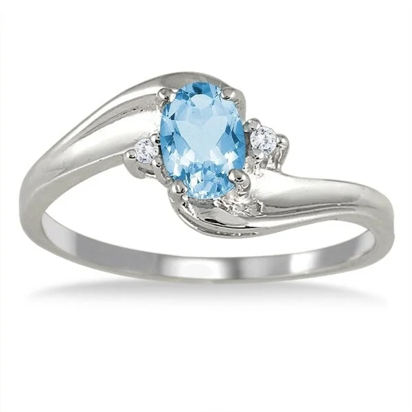 Classic gemstone rings featuring timeless stone elegance -Blue Topaz Gemstone and Diamond Wave Ring 14k White Gold