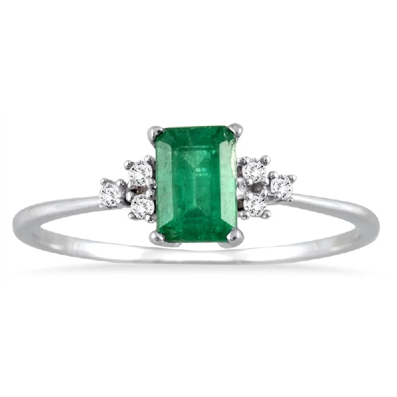 Gemstone rings with mixed stones for vibrancy -Emerald and Diamond Ring in 10K White Gold