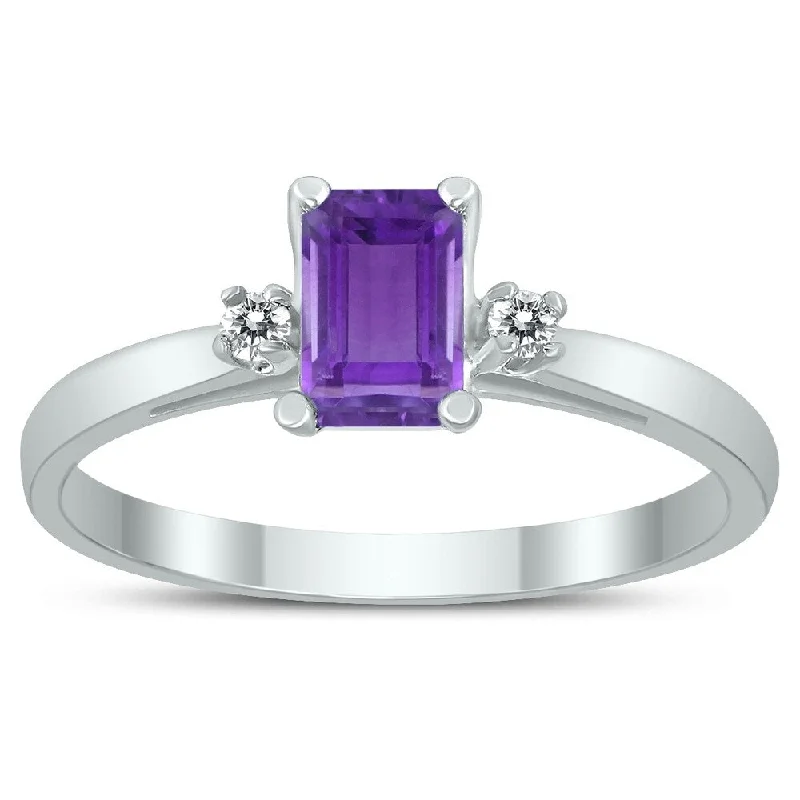 Quartz gemstone rings with clear stone elegance -Emerald Cut 6X4MM Amethyst and Diamond Three Stone Ring in 10K White Gold