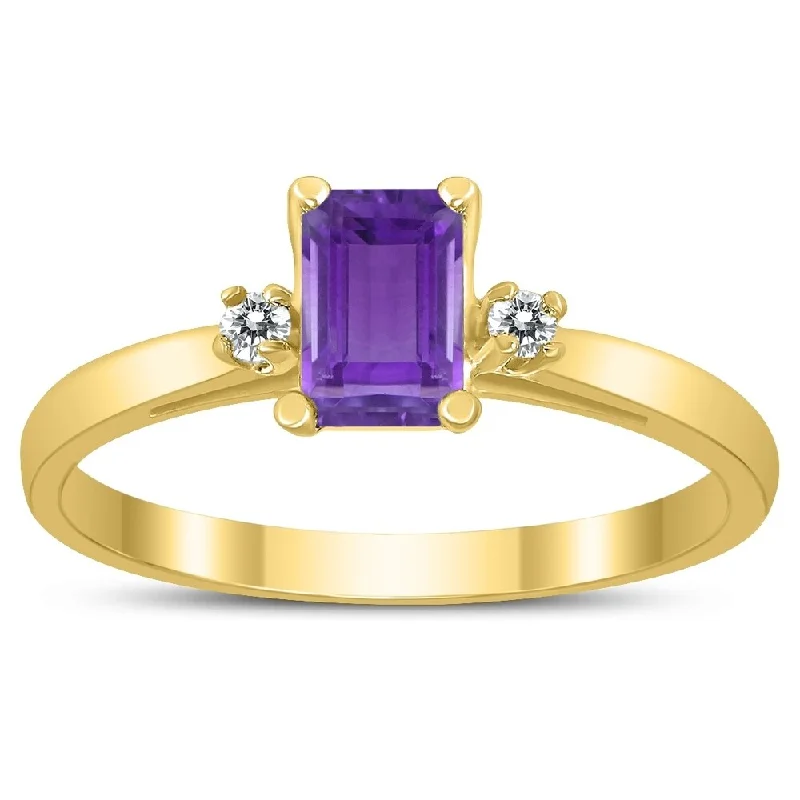 Gemstone rings made with recycled eco materials -Emerald Cut 6X4MM Amethyst and Diamond Three Stone Ring in 10K Yellow Gold