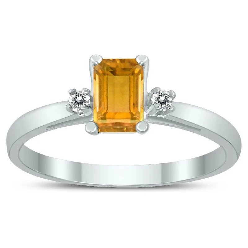 Twisted gemstone rings with artistic stone bands -Emerald Cut 6X4MM Citrine and Diamond Three Stone Ring in 10K White Gold