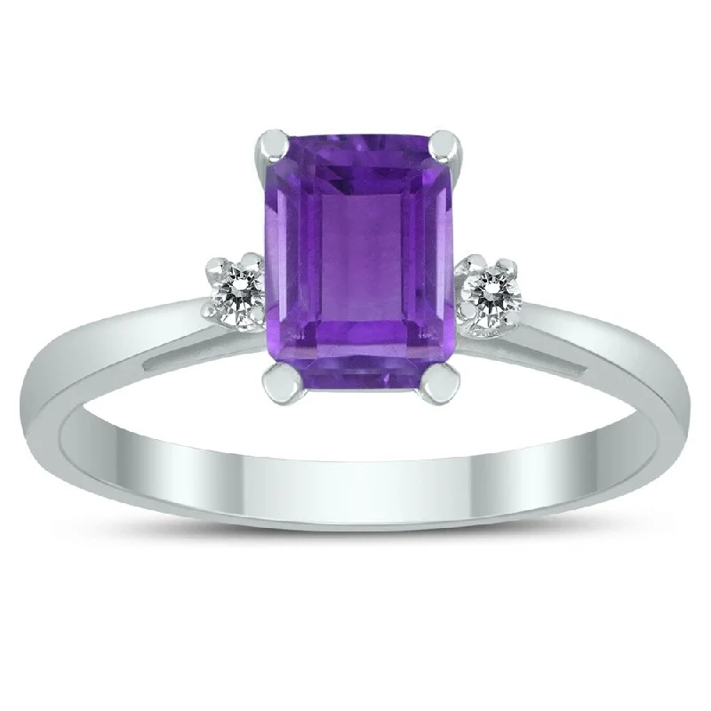 Gemstone rings featuring sunstone for fiery stone shine -Emerald Cut 7X5MM Amethyst and Diamond Three Stone Ring in 10K White Gold