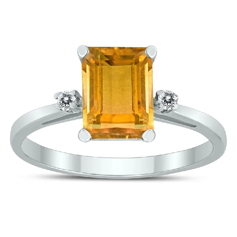 Trendy gemstone rings with modern stone cuts -Emerald Cut 8X6MM Citrine and Diamond Three Stone Ring in 10K White Gold