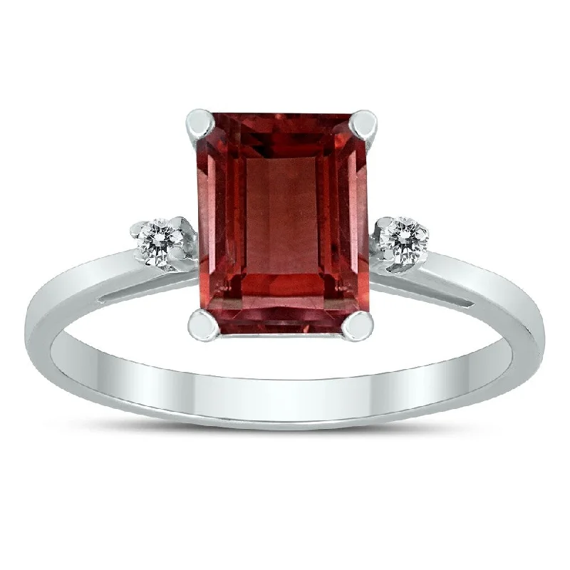 Fringe gemstone rings with stone drops for play -Emerald Cut 8X6MM Garnet and Diamond Three Stone Ring in 10K White Gold