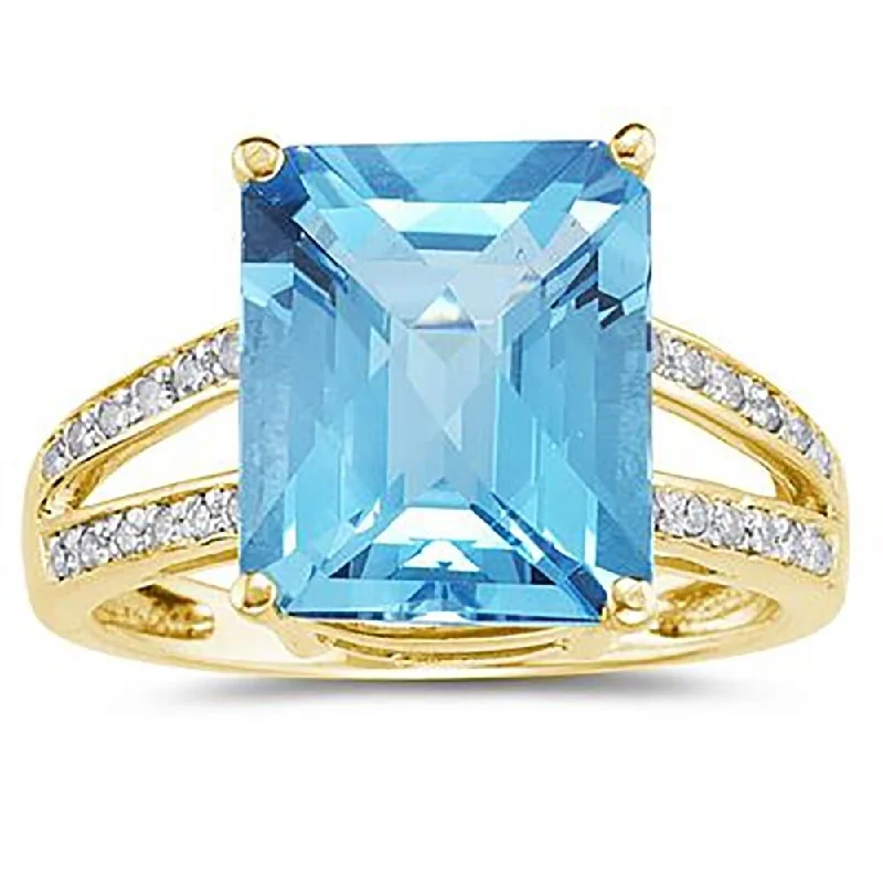 Budget gemstone rings under twenty dollars for gifts -Emerald Cut Blue Topaz and Diamond Ring 10k Yellow Gold