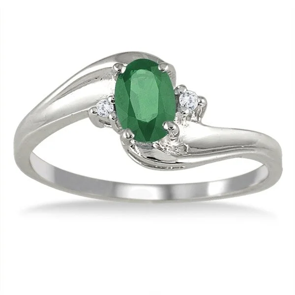 Chakra gemstone rings with stones for balance -Emerald Gemstone and Diamond Wave Ring 14k White Gold